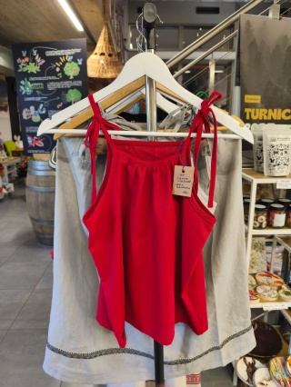 Bluzka top ciemnoczerwona lniano-bawełniana ręcznie szyta