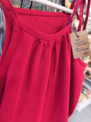 Bluzka top ciemnoczerwona lniano-bawełniana ręcznie szyta